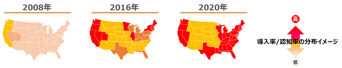 2008年～2020年のアメリカ州別ハイチュウ認知率推移